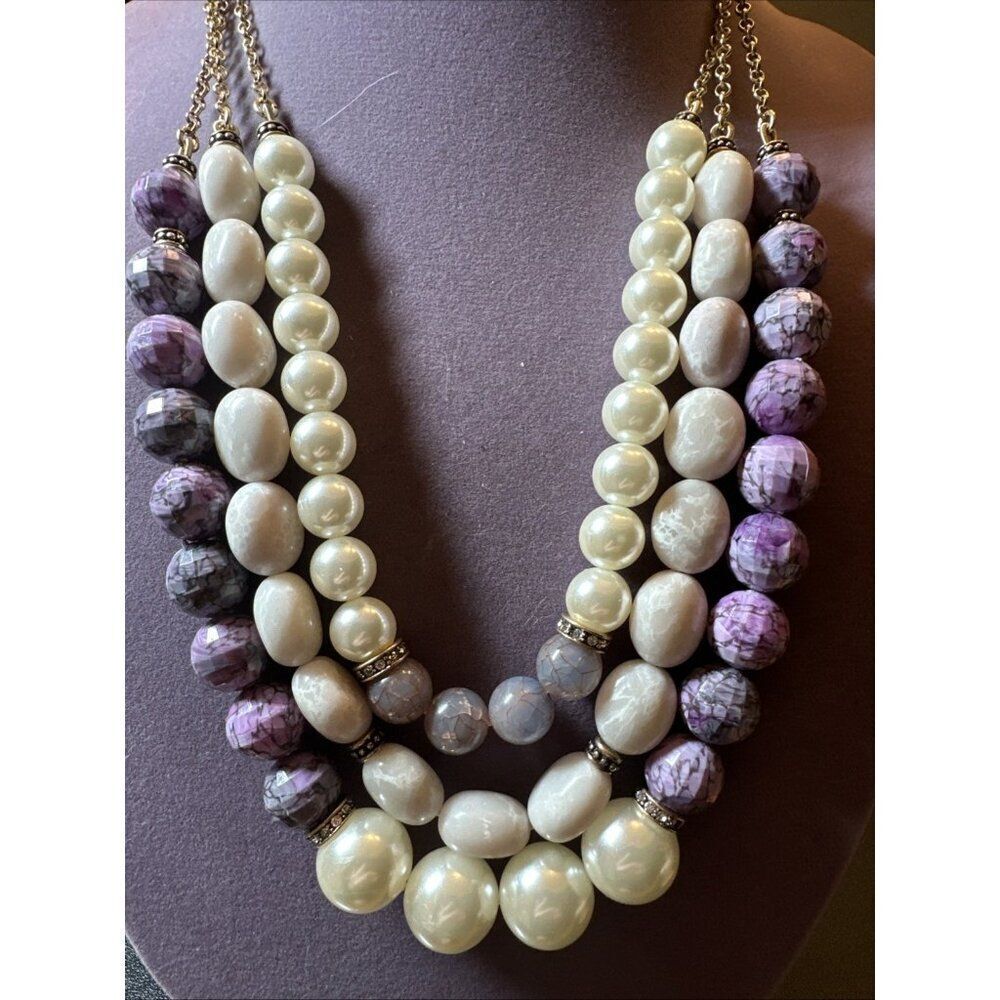Talbots Chunky Purple Beaded Faux Stone & Pearl Triple Strand Necklace 20"